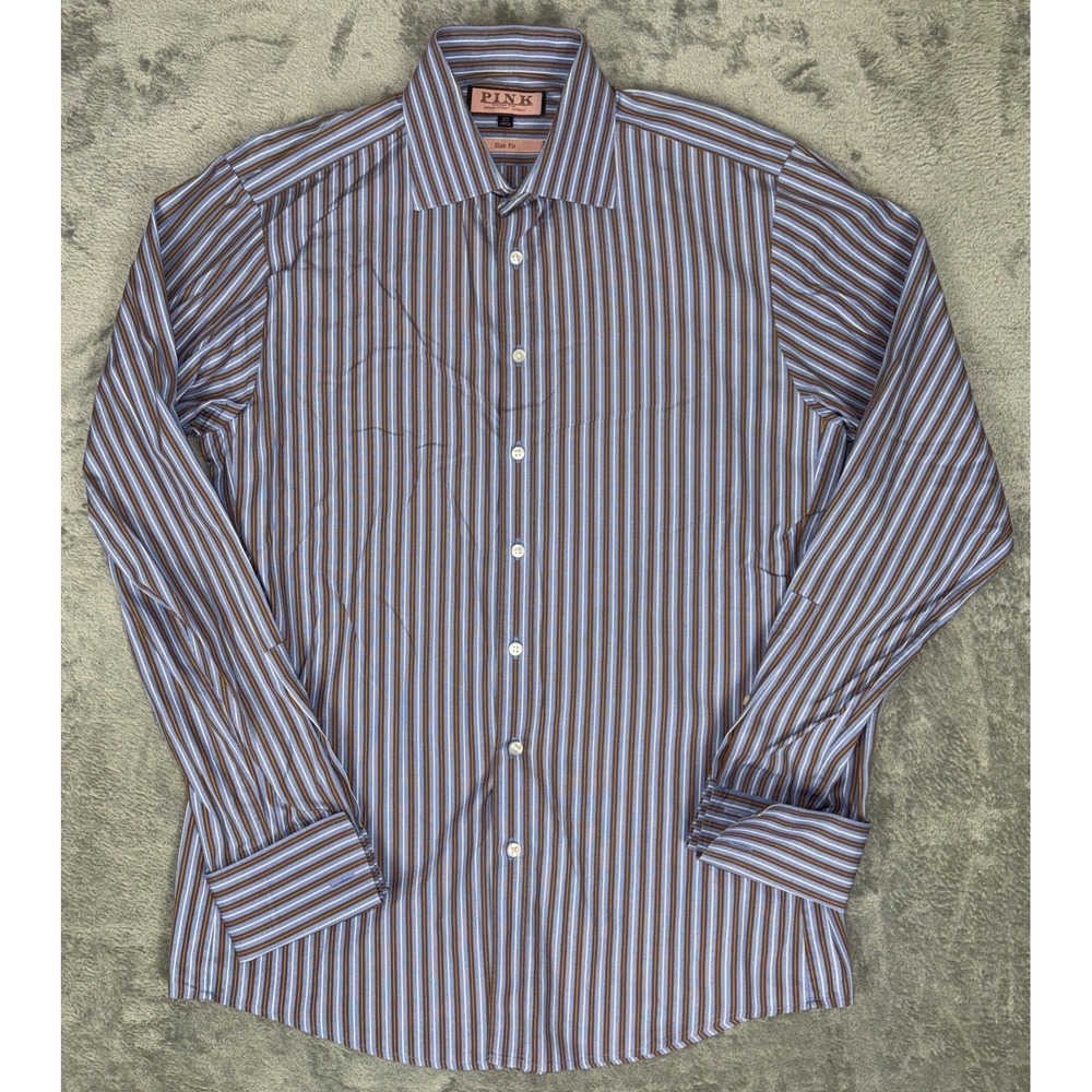 Thomas Pink Formal Shirt Mens 15.5 Blue Brown Striped Slim Fit French Cuff